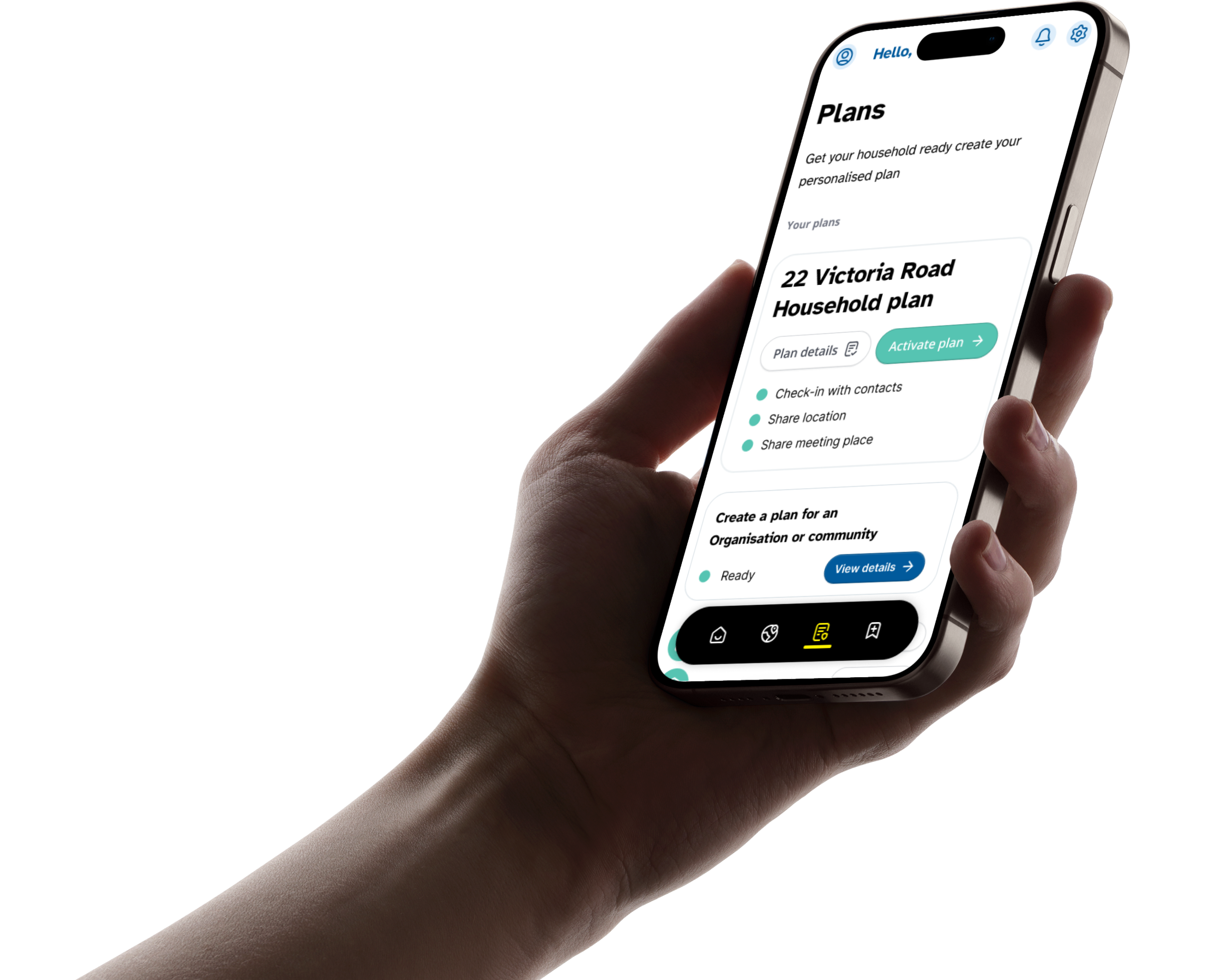 Device mock up in hand with image of ReadyAs plans screen